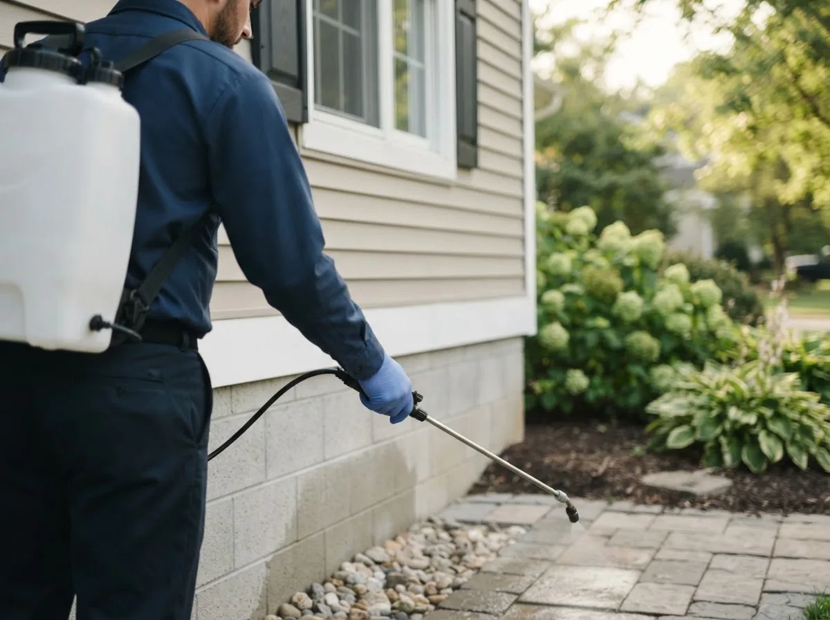 Pest control technician inspecting a home in Virginville, PA